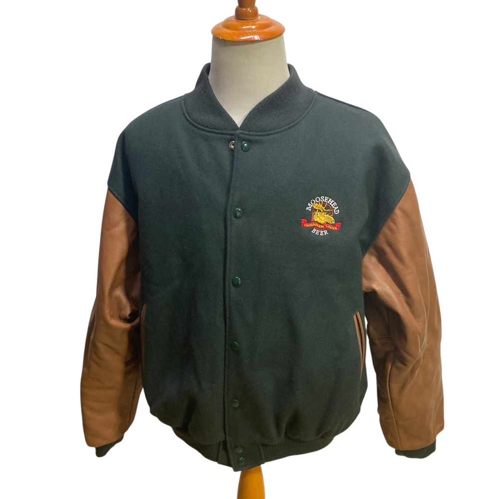 Moosehead Canadian Lager Beer Varsity Jacket XXL Green Wool‎ Brown Leather USA
